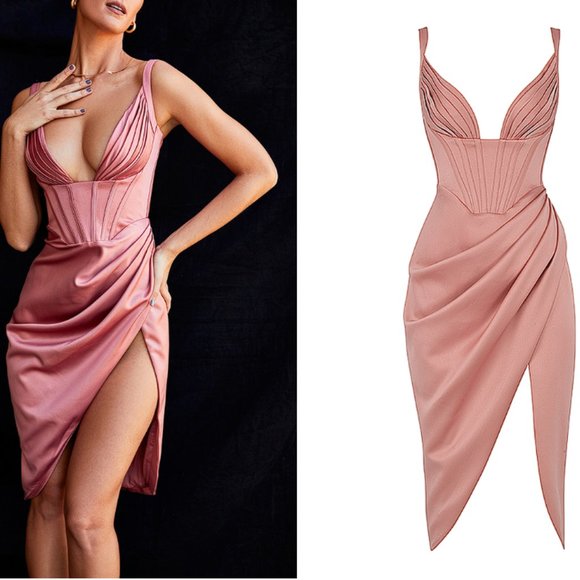 House of CB Dresses & Skirts - HOUSE OF CB ‘Faye’ Rose Satin Pleated Midi Dress NWOT
